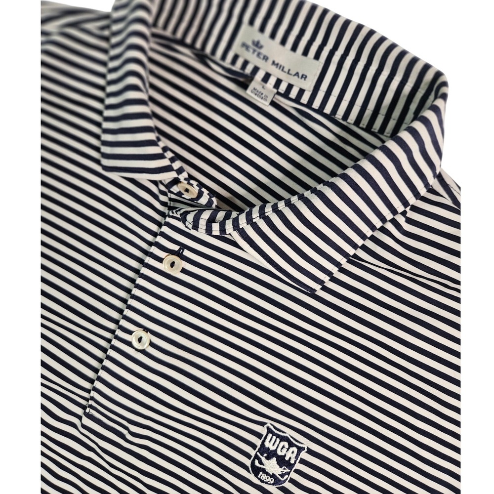 Peter Millar Performance Polo Shirt Mens L Navy White Excellent WGA 1899 Striped